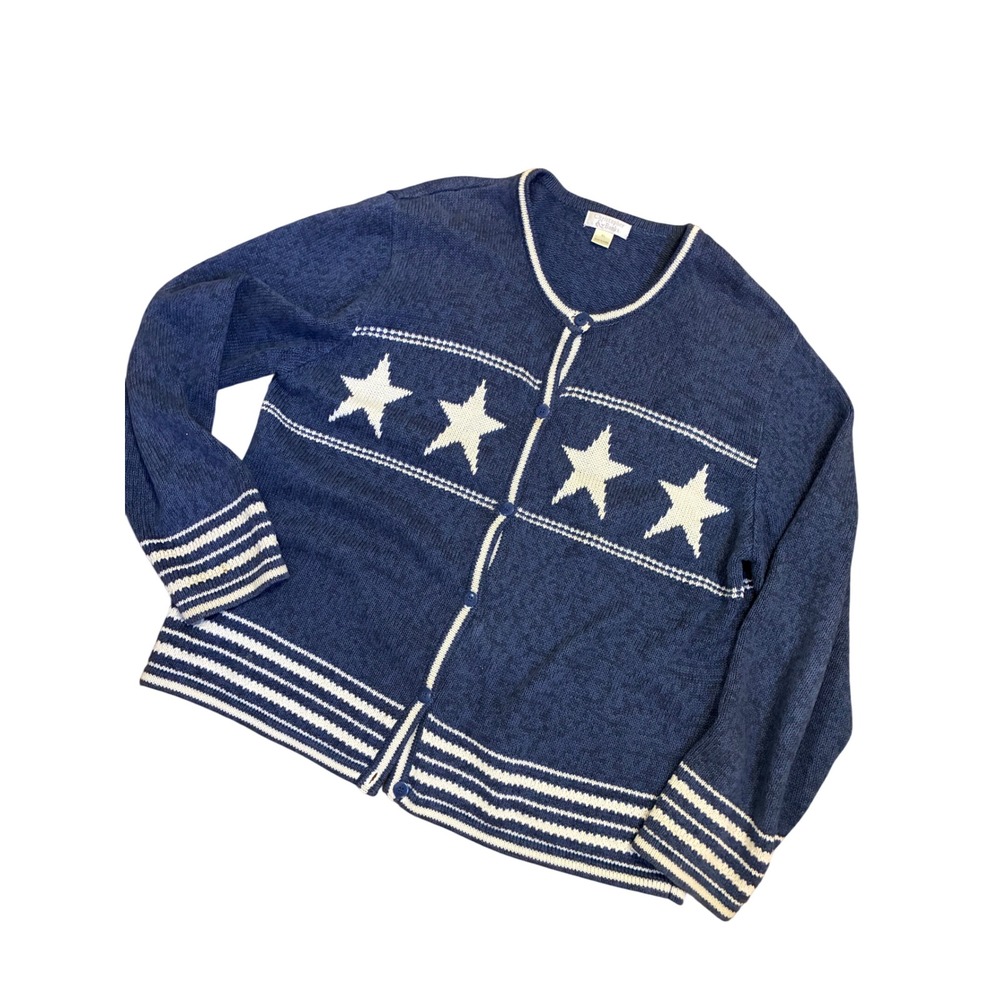 Christopher & Banks Vintage Cotton Cardigan Blue White Star Stripe Sweater XL